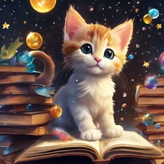 Wall Mural - AI generated illustration of a cat sitting on a book surrounded by more books