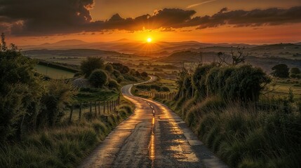 Canvas Print - An Irish winding country road stretching towards a sunset