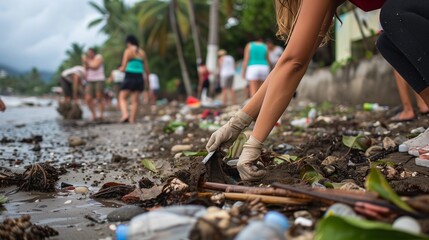 Sticker - some people are at the shore collecting trash and debris and doing something