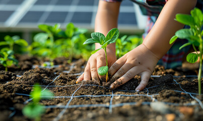 Canvas Print - AI generated illustration of a child planting a sprout in soil in a greenhouse