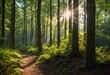 AI generated illustration of sunlight filters through trees on a fern-lined forest path
