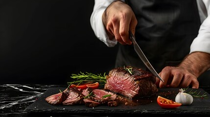 Wall Mural - male Chef, cutting a meat steak on a black background with an open space for text or restaurant menus