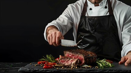 Wall Mural - male Chef, cutting a meat steak on a black background with an open space for text or restaurant menus