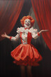 happy female clown vintage circus painting with red big top tent curtains