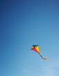 A colorful kite flies high against the clear blue sky, offering a playful and uplifting scene