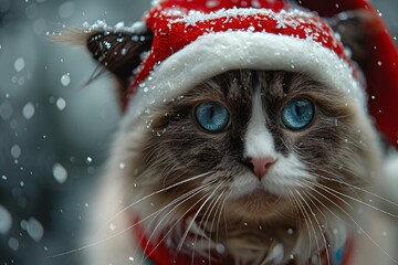 Wall Mural - a cat wearing a santa hat and blue eyes in snow