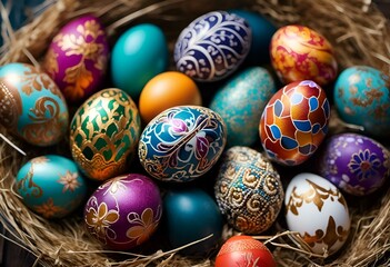 Wall Mural - many easter eggs are in a wicker basket on the table