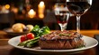 delicious beef meat steak in a restaurant with a glass of wine for dinner