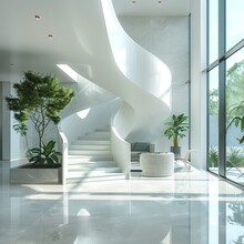 A Large Spiral Staircase Leads To A Room With A White Wall And A White Floor. The Room Is Filled With Plants And Has A Modern, Minimalist Design