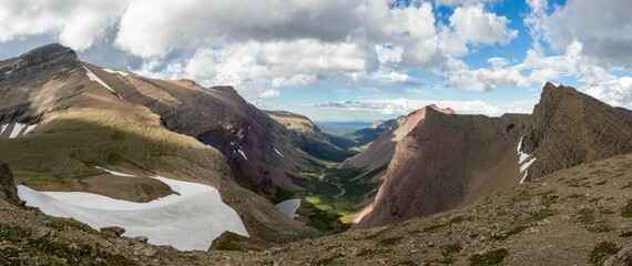 Wall Mural - Panoramic shot of a valley in the Glacier National Park Montana on a clear bright day