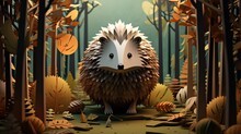Minimalist 3D Render Of A Porcupine In A Woodland Setting, Realistic Paper-cut Style, Blurred Forest Background,