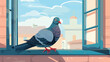 A pigeon is sitting on the sill of an old window wi