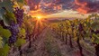  the sun setting over rows of grapevines in a vineyard