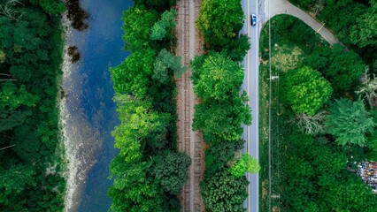 Aerial view of a railroad near the river