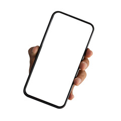 close up man hand hold smartphone with blank screen isolated on transparent background for marketing or advertisement and design concept