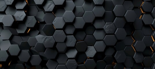 Black hexagon honeycomb shapes matte surface moving up down randomly. Abstract modern design background concept. 3D illustration rendering graphic design