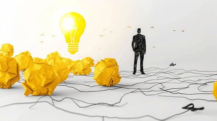 Idea with yellow crumpled paper ball ( lightbulb ) and businessman.Creative concept.