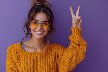 A fashionable young female playfully smiles showing a peace sign, complemented by a vivid yellow sweater