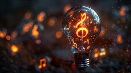 Wall Mural - Creativity and Design: A 3D vector illustration of a lightbulb with musical notes and instruments inside