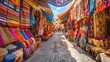 Bustling local street market in Marrakech, vibrant spices and textiles displayed under colorful tents, --ar 16:9