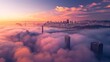 Ethereal fog over the San Francisco skyline with the Golden Gate Bridge barely visible, --ar 16:9