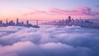 Ethereal fog over the San Francisco skyline with the Golden Gate Bridge barely visible, --ar 16:9