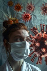 Poster - Woman wearing face mask in front of corona sign, suitable for pandemic concept