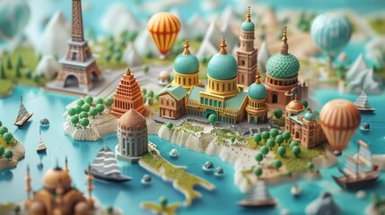 Wall Mural - Travel Destination: A 3D vector illustration of a map with multiple pins highlighting different travel destinations