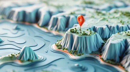 Wall Mural - Travel Destination: A 3D vector illustration of a map with a pin highlighting a coastal travel destination