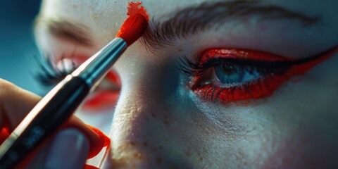 Poster - Close up of a person with striking red eye makeup, perfect for beauty or fashion projects