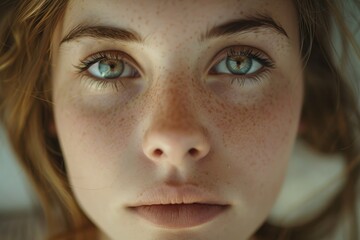Poster - Close up of a woman with freckles, suitable for skincare advertisements