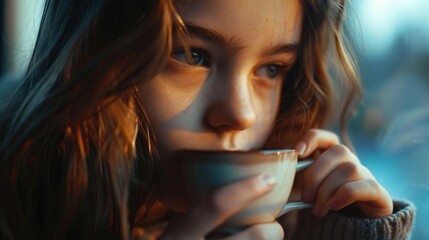 Poster - Woman holding a cup of coffee, perfect for coffee shop promotions