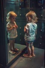 Poster - A little girl standing in front of a mirror. Suitable for beauty and self-reflection concepts
