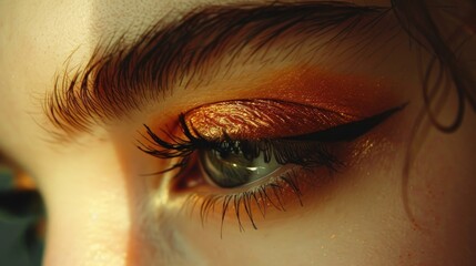 Poster - A close up of a person's eye with gold eye shadow. Perfect for beauty and makeup concepts