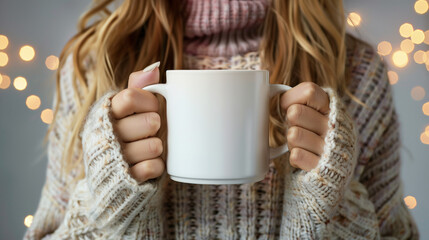 Sticker - plain white coffee mug held by a woman with cosy thick jumper and beautiful modern whimsy hair double mug