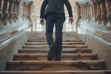 Poster - A man in a suit climbing stairs, suitable for business concepts