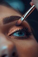 Poster - Close up of a woman's eye with a makeup brush. Perfect for beauty and cosmetics concepts