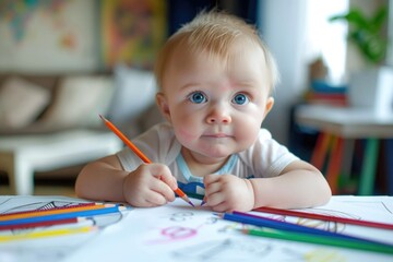 Poster - A baby sitting at a table with colored pencils. Ideal for educational and family-themed projects
