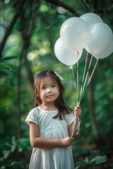 Poster - A young girl holding a bunch of white balloons, perfect for celebrations and events