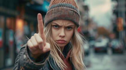 Poster - A woman wearing a beanie pointing at the camera. Suitable for various concepts and projects