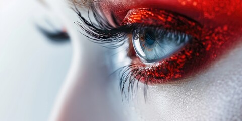 Poster - Close-up of a woman's eye with red glitter, suitable for beauty or makeup concepts