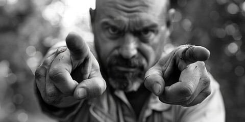 Aufkleber - A man holding his hands out in a black and white photo. Suitable for various concepts