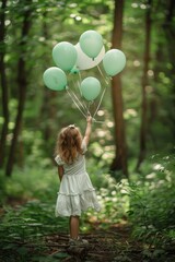 Poster - A little girl holding a bunch of green and white balloons. Perfect for birthday or celebration themes