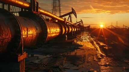 Aufkleber - A picturesque sunset behind a large industrial pipe. Suitable for industrial, environmental, or urban themes