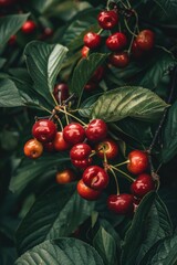 Wall Mural - Ripe cherries hanging from a tree, perfect for food and nature concepts