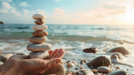 Poster - A person holding a stack of rocks on a sandy beach. Perfect for nature and relaxation concepts