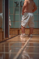 Poster - A toddler standing in front of a mirror in a bathroom. Suitable for family and child care concepts