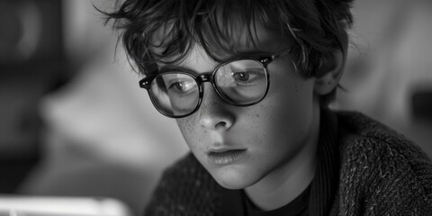 Aufkleber - A young man with glasses looking at a laptop. Suitable for technology concepts
