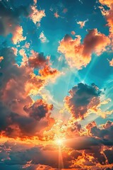 Poster - Bright sun rays breaking through fluffy clouds, perfect for weather forecasts