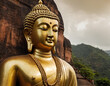 Golden Buddha Statue, Rocky Hills Background, Ai Illustration